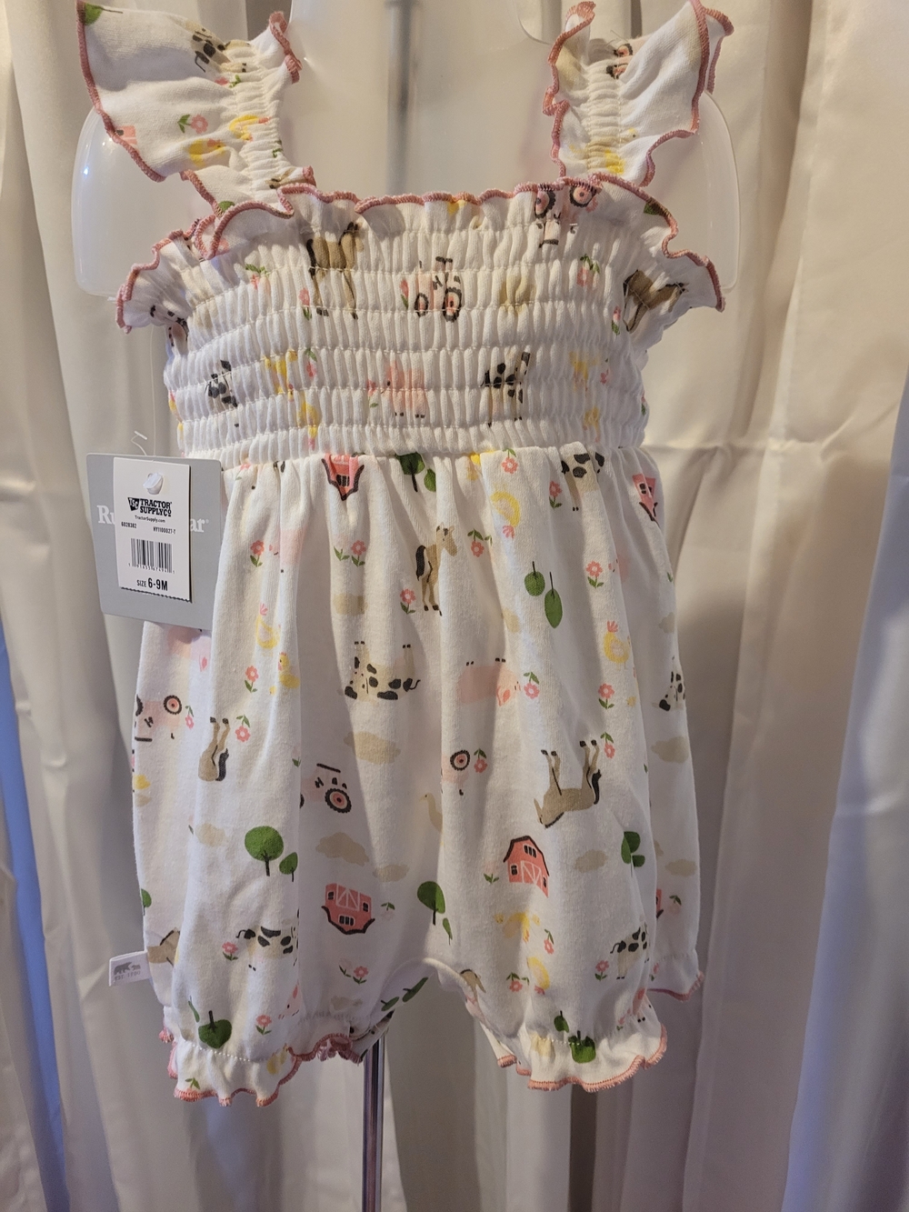 Farm Animal Smocked White Romper with Pink Trim